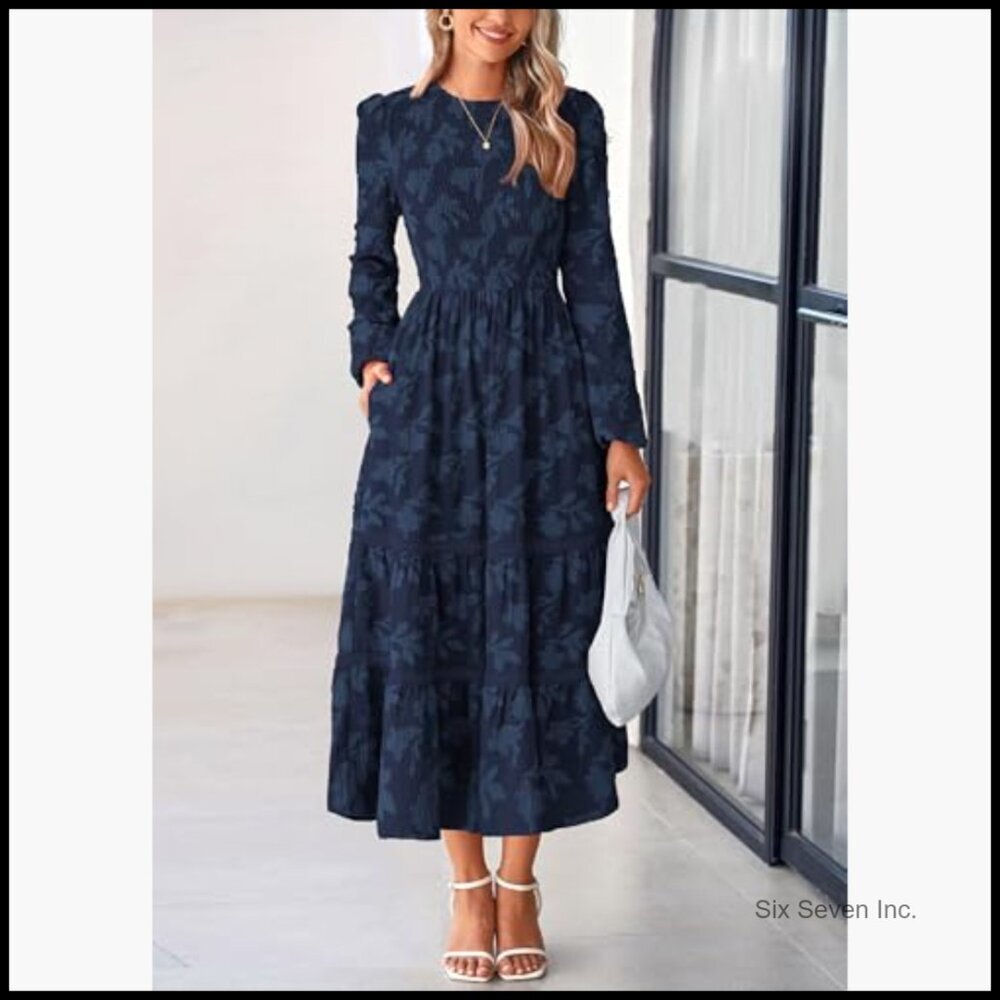 Long Sleeve Smocked Midi Dress Floral Boho Flowy Wedding Guest - Picture 6 of 7